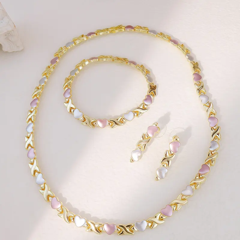 Royal-Inspired Color XO Heart Necklace & Bracelet & Earrings Set, Matching Jewelry Set, Casual Style Metal Chain Design Jewelry for All Seasons, Complete Accessories Set, Fashionable Jewelry Set, Trendy Jewelry Set, Jewellery Gift Set