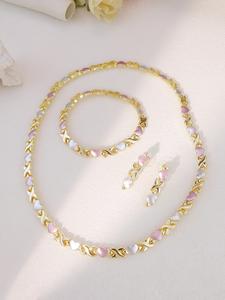 Royal Color XO Heart Necklace Bracelet Earrings Set, Sparkling Diamond Design Jewelry, Elegant Jewelry Set, Casual Style, Metal Chain, All Seasons, Complete Accessories Set