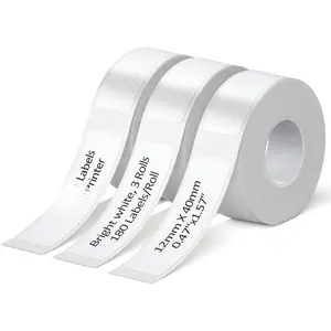 Label Maker Tape Compatible with Phomemo D30 Printer, White Sticker Thermal Paper Self-Adhesive , 12 X 40 mm (0. X 1.57 in) 180 Labels/Roll, 3 Rolls Tape Refills (Bright White)