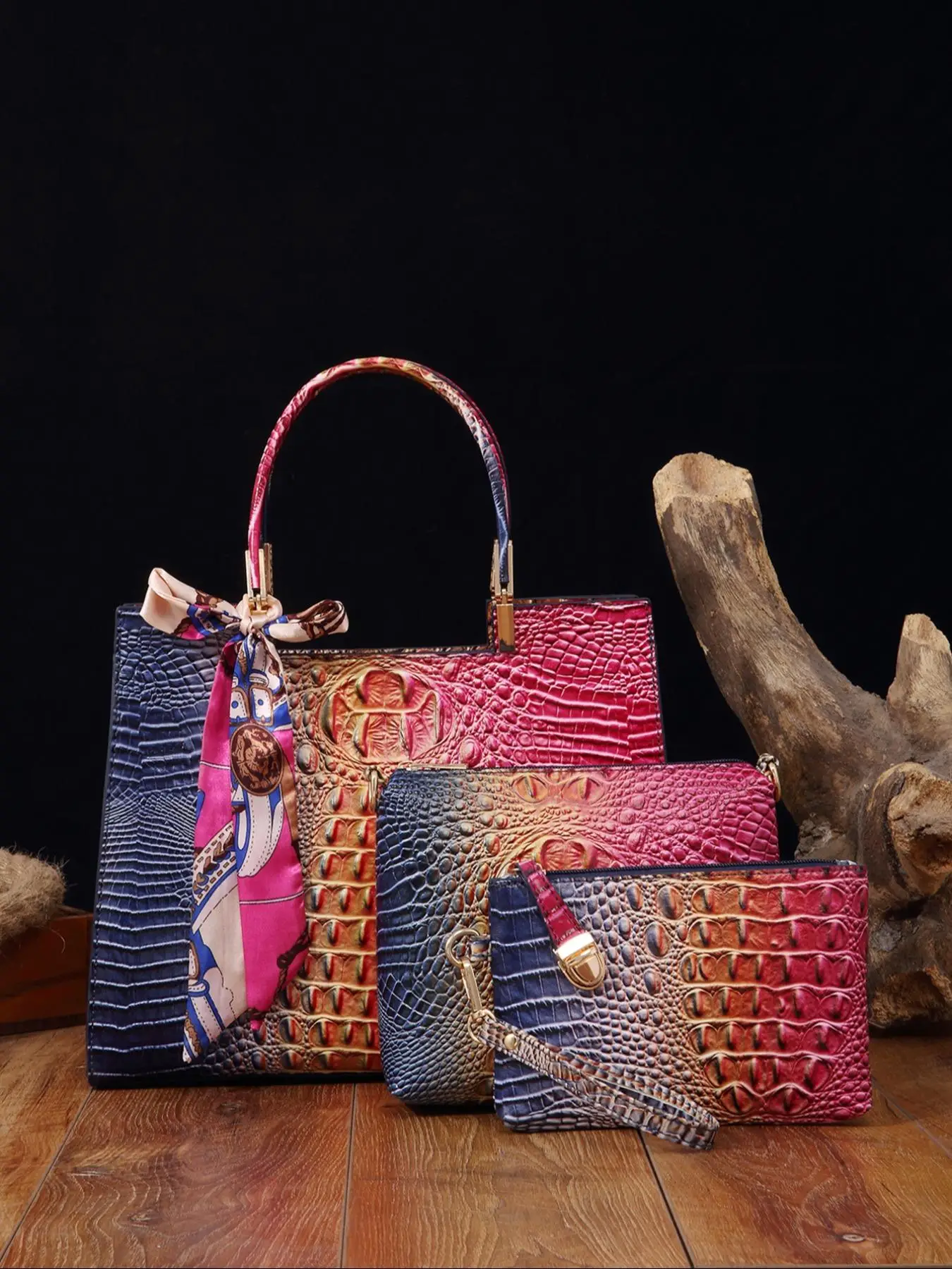 Fashionable Crocodile Embossed Tote Bag & Clutches & Wristlet, Fashionable Handbag Set for Summer Daily Use