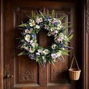 Spring Summer Wreath with Blue Pansy & Orchid, Rustic Farmhouse Floral Wreath for Front Door Window Wall Porch, All-Season Gift for Adults Homeowners, US Decor for Mother's Day Father's Day Graduation Independence Day Thanksgiving