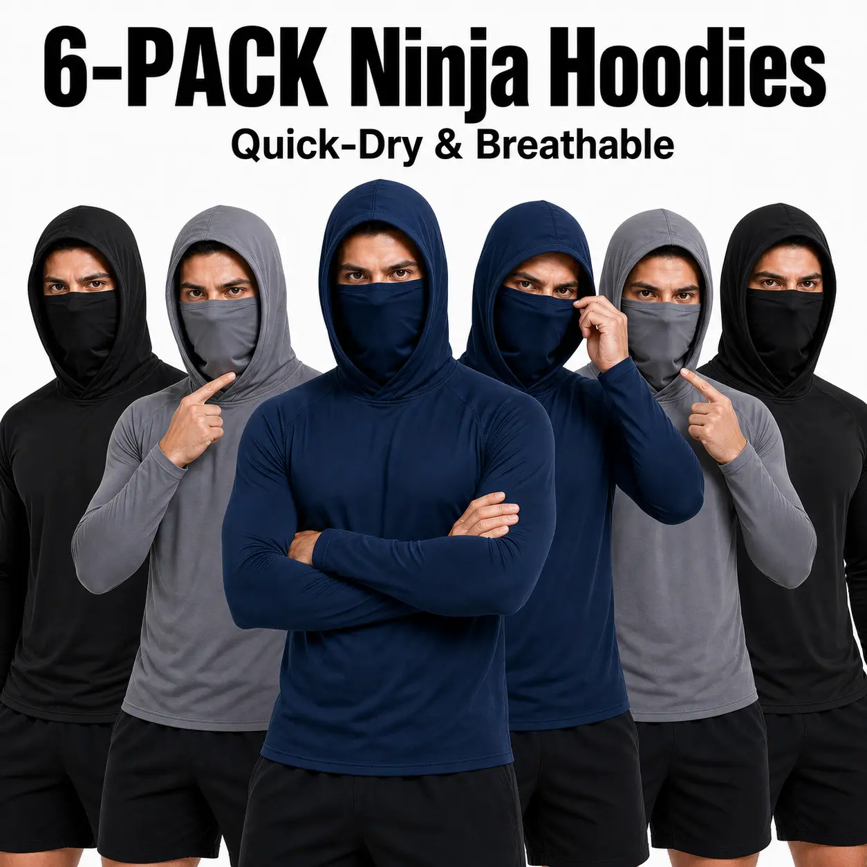 6-piece set men's outdoor work sun protection clothing with sun-blocking hoodie, featuring built-in face mask and neck guard, breathable long-sleeve hoodie