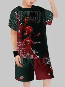 Boys Cristiano Ronaldo Goat Theme Fan Sports Set, Football Kits, Soccer Jersey, Soccer Shorts, Short Sleeve T-Shirt + Shorts, Football Star Collection