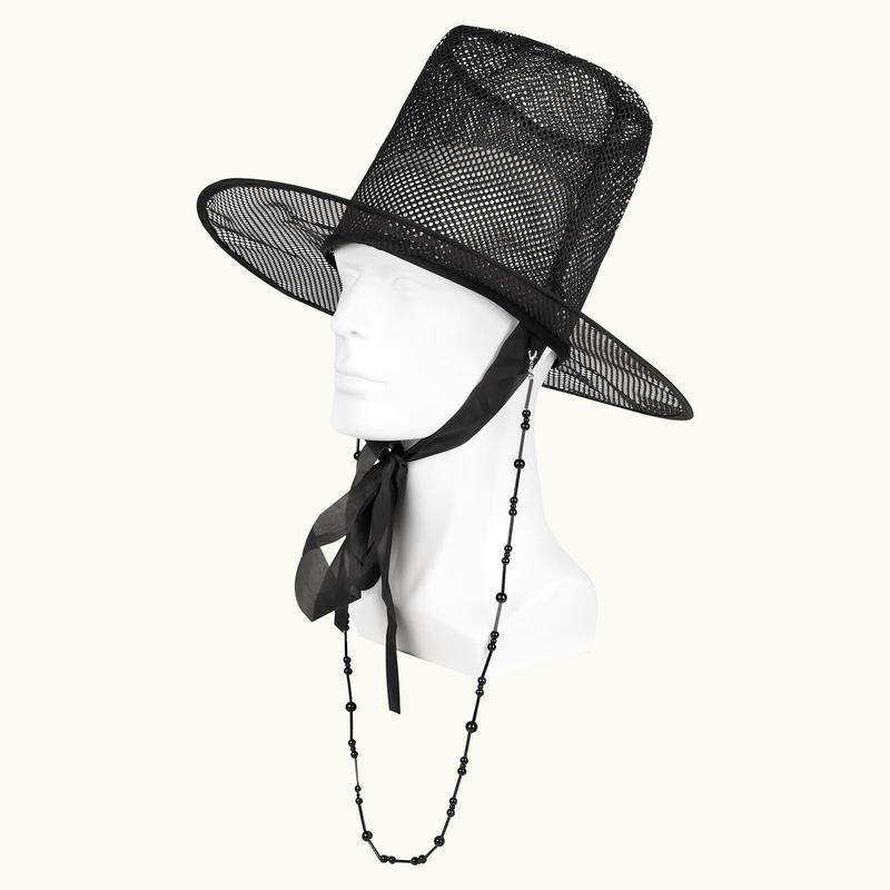 Korean Gat Hat Cosplay Accessory – Traditional Joseon Dynasty Black Mesh Hat with Beaded Chains & Ribbon | Kpop Idol Style Costume Hat for Men, Party & Stage Performance Womenswear Clothes