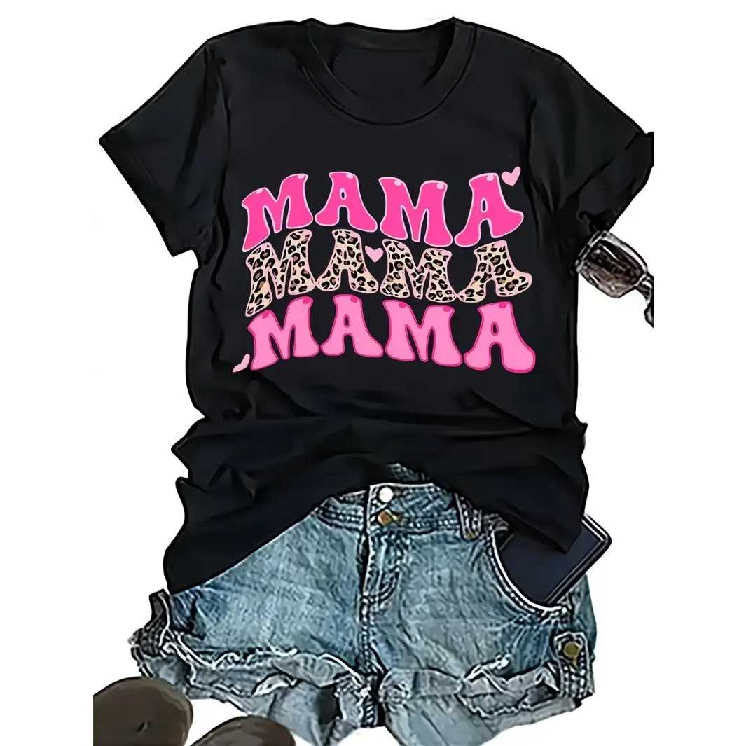 Womens Mama Mama Mama Graphic Tee Cotton Short Sleeve Crewneck Shirt Cute Pink Leopard Print Letter Top For Mom Life Motherhood Everyday Casual Outfit