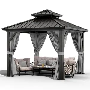 10x10 ft Hardtop Gazebo, Outdoor Heavy Duty Galvanized Aluminum Framed Double Roof Pavilion with Netting and Curtains, Waterproof Metal Roof Gazebo for Backyard, Patio, Deck and Poolside, Grey