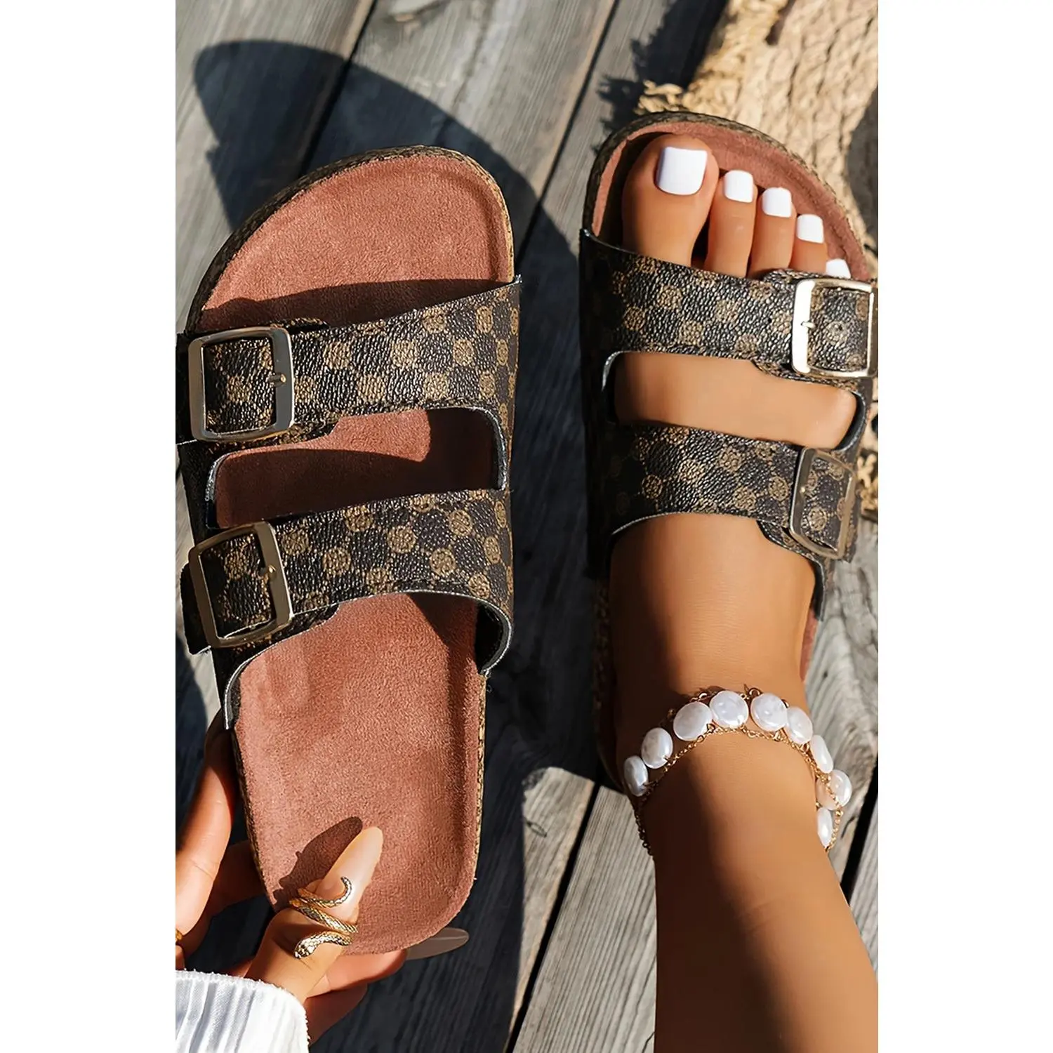 Coffee Geometric Print Cut Out Buckle PU Leather Flat Slippers
