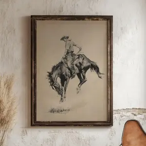 Western Wall Art Print Cowboy Riding Bucking Bronco Vintage Style Rustic Home Decor Classic American Artwork