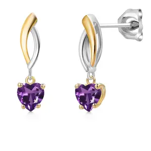 925 Silver and 10K Yellow Gold Purple Amethyst and Dangle Earrings for Women | 0.84 Cttw | Gemstone February Birthstone | Heart Shape 5MM
