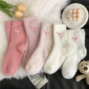 Lovely Bowknot-Shaped Holiday Haul Smooth Fluffy Mid-Calf Socks 5 Pairs Cozy Winter Fuzzy Socks for Women US 4-8 Breathable Itch-Free Comfort
