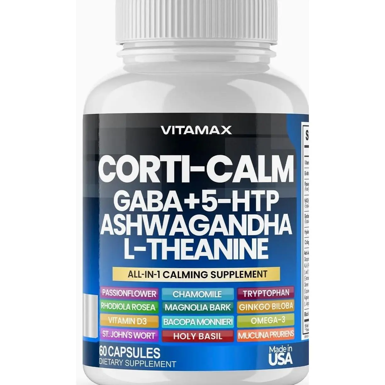 Corti-Calm Cortisol Supplement, L Theanine, Ashwagandha, Vitamin D 3, GABA for Relaxation, Fatigue & Focus with Ginkgo Biloba, Bacopa Monnieri, 5-HTP – Non-GMO, Made in USA – 60ct