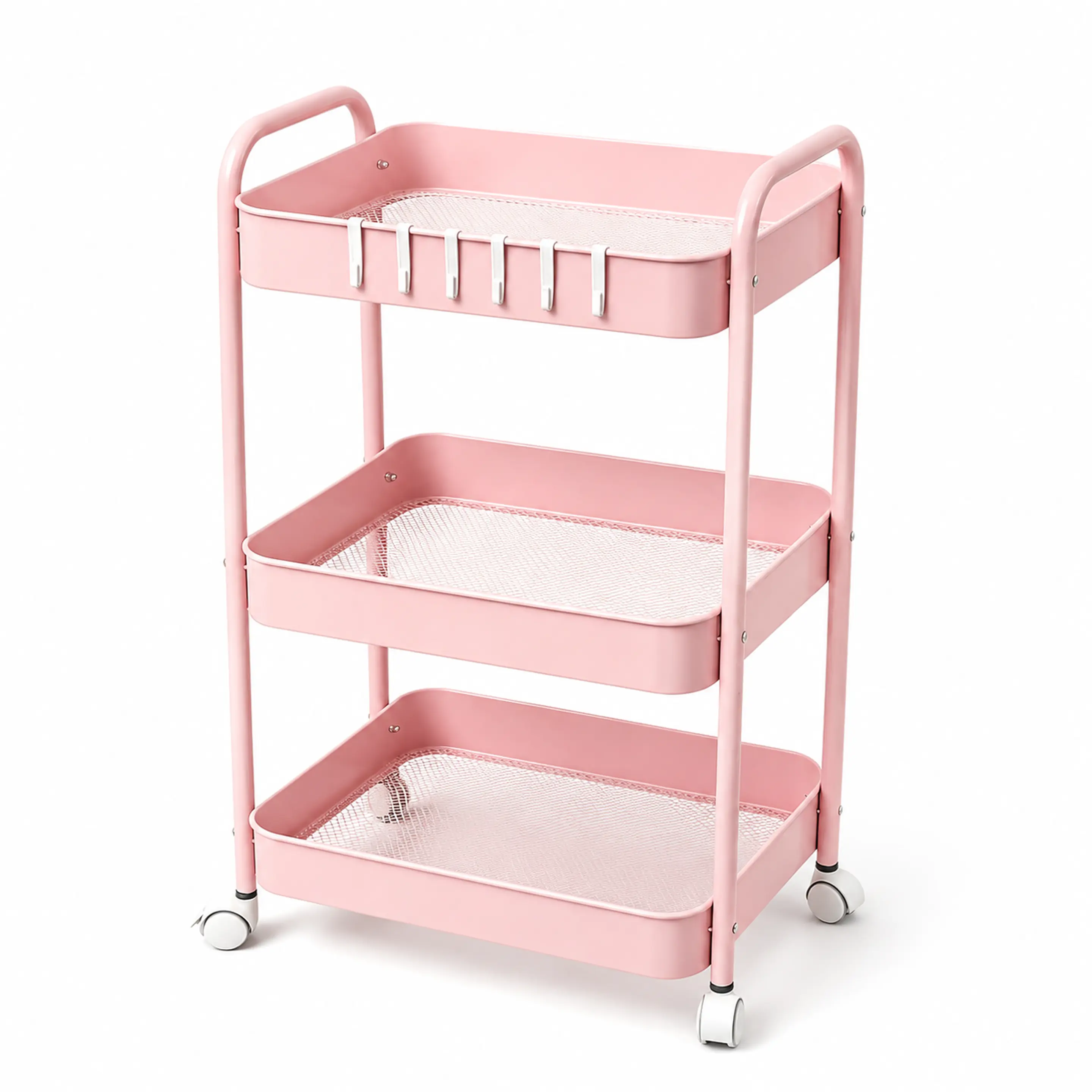 Rolling Utility Cart with Adjustable Hooks - 3 Tier Metal Storage Rack on Wheels with Handle, Space-Saving Organizer Trolley for Dorm Room, Kitchen & Bathroom, Mobile Shelving for Cosmetics & Towels
