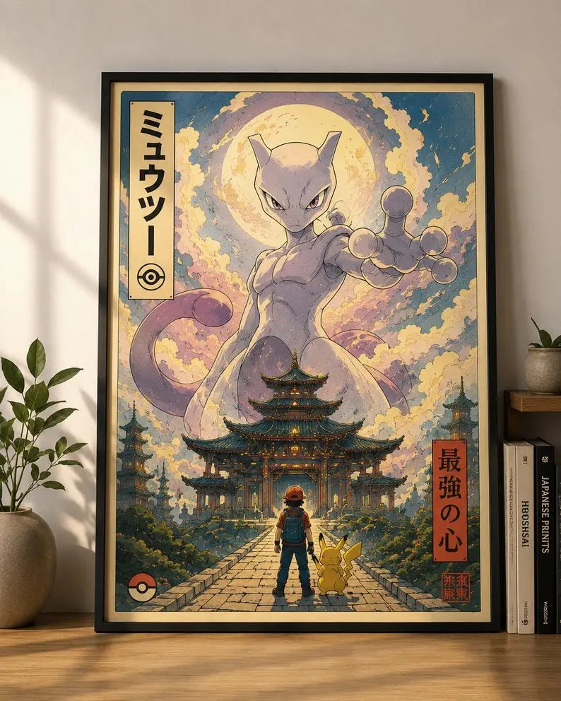 Mewtwo Pikachu Poster, Poke Anime Wall Art Japanese Style Anime, Unframed Wall Art, Home Decor