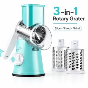 Rotary Cheese Grater with Handle, Manual Vegetable Slicer Shredder Grinder, Strong Suction Base, 3 Interchangeable Stainless Steel Blades for Cheese, Vegetables, Nuts and Chocolate