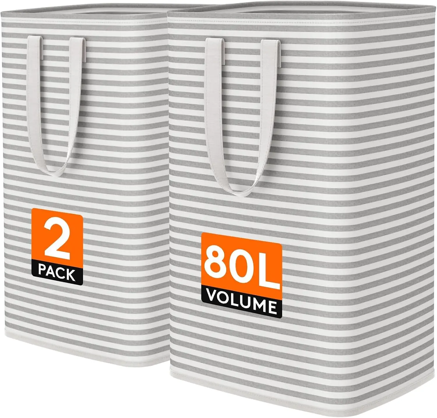 2-Pack Collapsible Laundry Baskets, 80L Each (160L Total) with Reinforced Handles, Freestanding Waterproof Design for Bedroom, Laundry Room, Grey