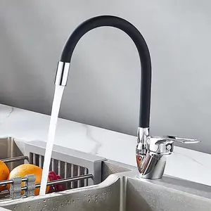 Silicone Tube Pipe Kitchen Sink Faucet with Hot and Cold Water Mixer, 360 Degree Rotating Flexible Hose Tap, Deck Mount Single Hole Design, Stainless Steel Faucet
