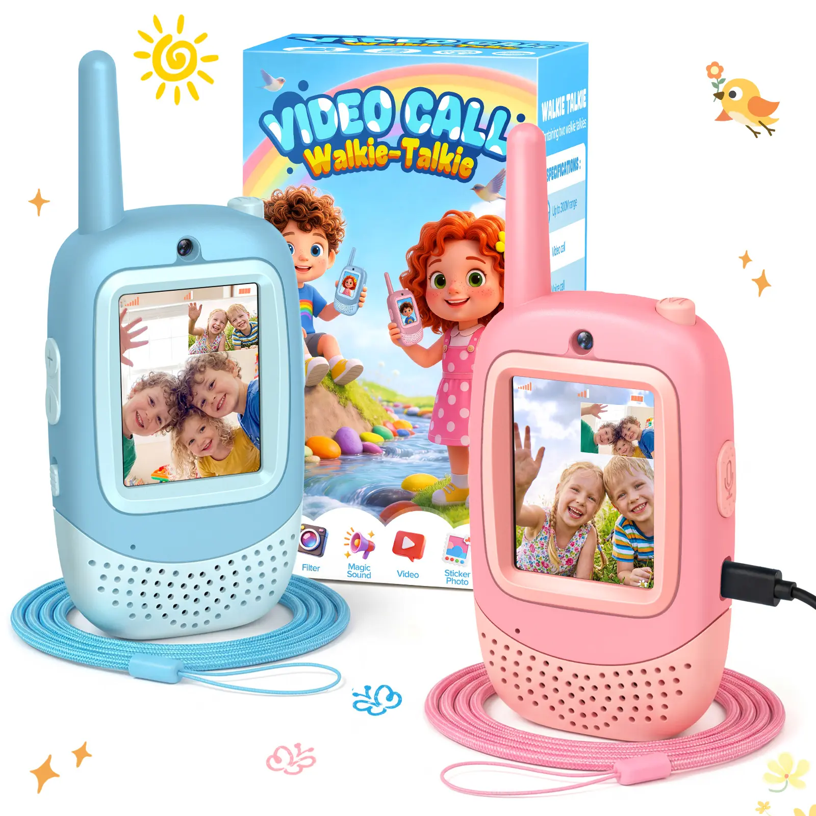 Kids Rechargeable Video Walkie Talkies 2-Pack, Long-Range with Video Call & Camera, Outdoor Camping Toys & Birthday Gifts for Boys & Girls Ages 3-12 (Blue/Pink)