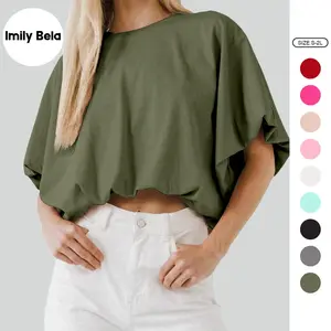 Imily Bela Women's Summer Crewneck Crop Tops Short Sleeve Casual Loose Cropped T Shirts