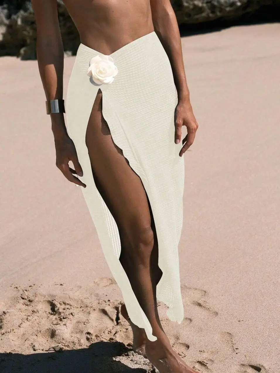 Stand Collar Cloak-Style Skirt, Floral 3D Decor Summer Beachwear with Split
