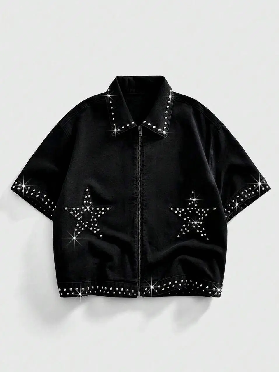 Streetwear clothing - Oversized Denim Jacket For Men, Vintage Pearl Embellished Jean Coat, Streetwear Button Down Outerwear trending clothes trending clothing summer clothing summer outfits male clothing vacation outfits streetwear summer men clothes