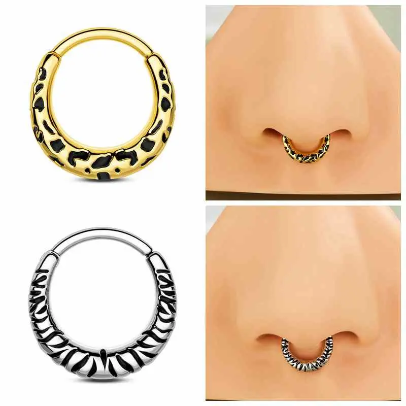 Oufer 16G 8mm Segment Hoop Septum Jewelry - Stainless Steel, Zebra Stripes, Leopard Cheetah Prints, Funky Nose Piercing Jewelry for Affordable Everyday Fashion Body Accessories
