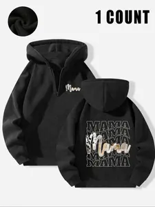 "Mama" Leopard Print Graphic Half-Zip Hoodie - Mom Style Casual Cozy Top