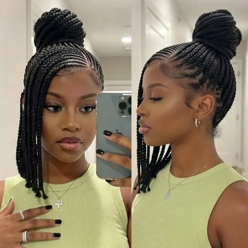 Black High Ponytail Braided Wig Straight Back Cornrow Synthetic Full Lace Front Wig Glueless African Protective Hairstyle Natural Fit for Black Women easy install daily club vacation street wear #CornrowPonytail #BraidedWig #GluelessWig #ProtectiveStyles