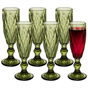 Sturdy 6-Piece 5 oz Classic Green Glassware Set - Vintage Champagne Flutes, Wine Glasses, Water Goblets for Cocktails, Beer, Whiskey, Christmas & Daily Use