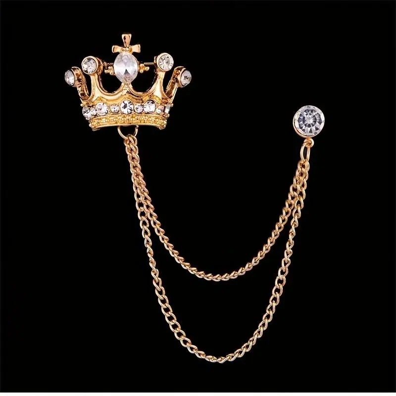 Elegant Gold Crown Brooch for Men with Rhinestones & Dangle Chain - Premium Suit Pin for Weddings, Parties & Ceremony, Male, Premium Suit Pins
