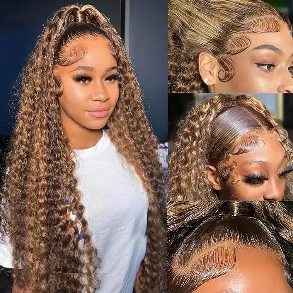 Anyweek Highlight Ombre Lace Front Wig Human Hair 13x6 HD Honey Blonde 4/27 Deep Wave Lace Frontal Wigs Glueless Wigs Human Hair