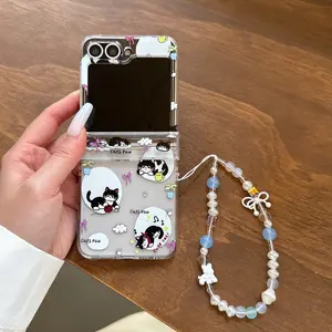 Cute Cat Pattern Chain Phone Case For Samsung Galaxy Z Flip 7/7FE/6/5/4/3, Lovely Girl Style Shockproof Protective Cover Accessories