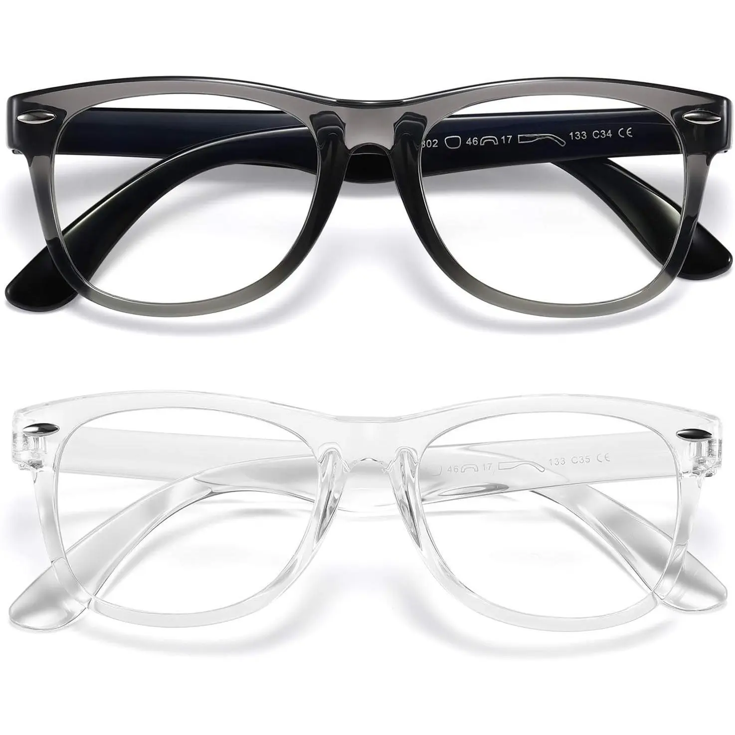 KF5-SGL010 Kid-Safe Anti Blue Light Eyewear 2-Pack, Children's Flexible Fit Cute Frames, Screen Time Headache Relief, Transparent Black+Transparent, Age 3-10, Gamers Accessories for Better Life
