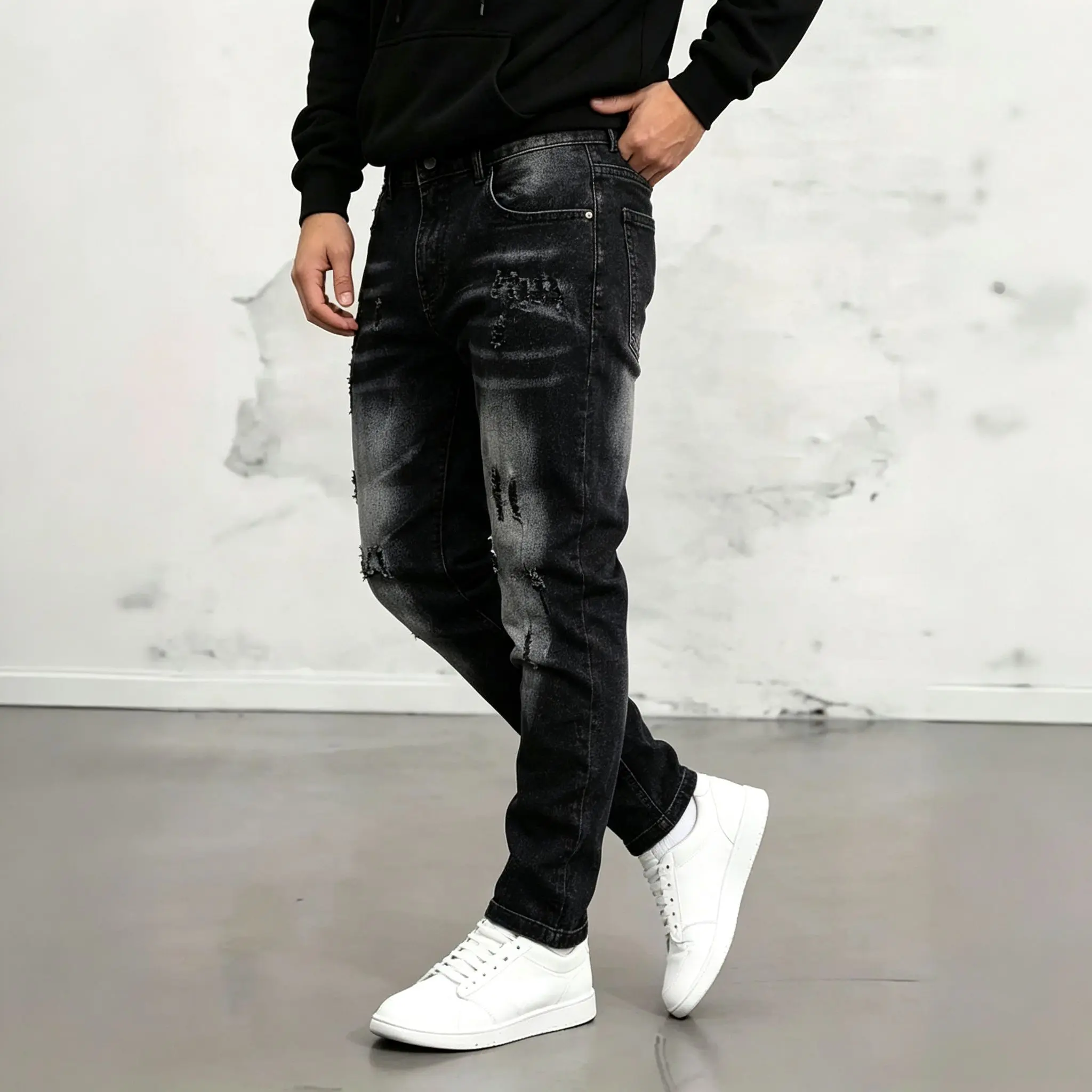 Men's Washed Black, Slim-Fit, Distressed Ripped Denim Joggers - Sports & Outdoor Pants