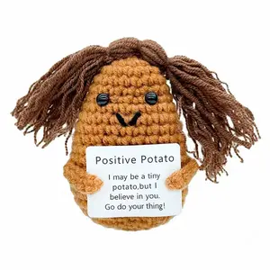 Hand Crocheted Potato with Braid Plush Toy - Positive Potato with Inspiring Message, Cute Vegetable Plush for Encouragement, Unique Gift for Desk & Home Decor, Cuddly Stuffed Animal