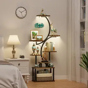 Display Shelf with LED Lights, Corner Shelf Stand, 62" Tall Bookshelf, 8-Tier Bookcase for Collectibles, S-Shaped Modern Corner Display Book Shelves for Bedroom Living Room, Rustic Brown