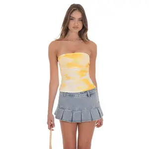 Mesh Floral Ruched Tube Top in Yellow