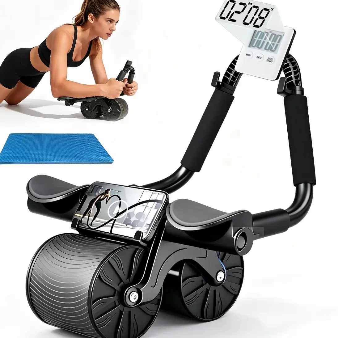 2027 Summerwins Unisex Ab Roller Wheel - Anti-Slip Grip, Smart Rebound Dual-Wheel, Digital Timer, Phone Holder