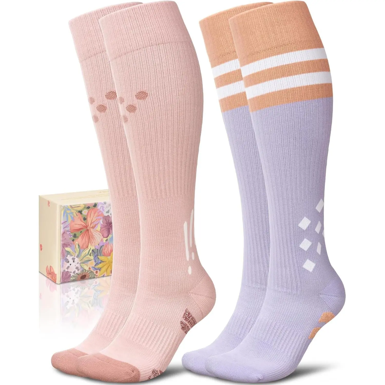 Women's Breathable Natural Cotton Compression Socks - 15-20mmHg Knee High Cushioned Sole Support Socks with Lock-In Arch Support, Moisture Wick, Style & Cute Design for Athletes - All Seasons Post-Workout Recovery & Everyday Wear Stockings, Pregnancy