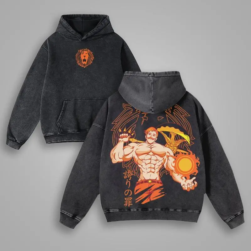 Escanor Seven Deadly Sins Pride of Lion Vintage Washed Hoodie Unisex Oversize Heavyweight Cotton Manga Graphic Crewneck Soft Tops Natural Shade Anime Gift