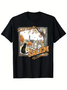 Men's retro Halloween T-shirt-take me to salem Massachusetts siren and black cat pattern, 100% cotton, short sleeve, round neck, retro style, four seasons comfortable, casual wear , for women, daily wear, Halloween, fade-resistant