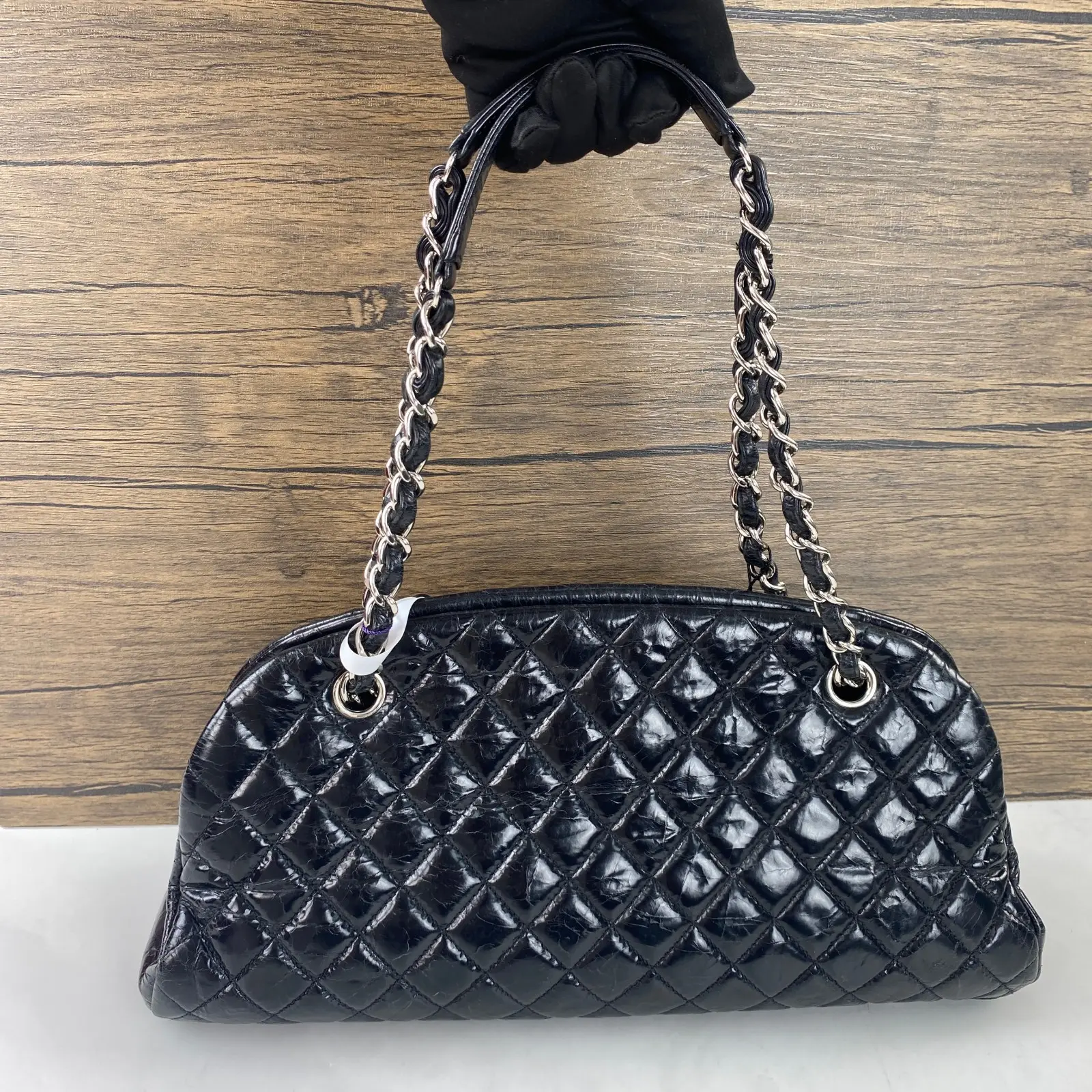 Pre-owned CHANEL Patent Calfskin Shoulder Bags Black Quilted Mademoiselle Bowling Chain Shoulder Bag QG1939
