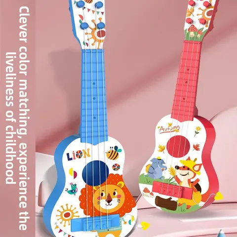 1x 17in Unisex Kids Ukulele - 4-String Plastic Mini Guitar with Animal Design, Educational Musical Kids Toy for 4-6 Years Beginners, Aids Children Development, Cultivates Rhythm, Ideal for Christmas, Birthdays