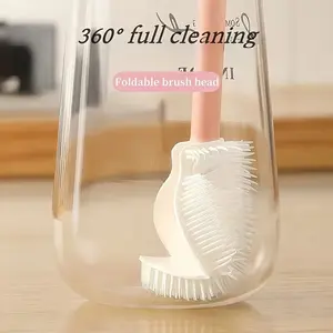 Foldable 360 degree comprehensive cleaning silicone brush with long handle design, bottlewasher reusable for bottles and cups