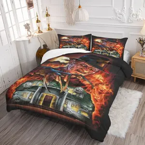 Ghoul Print, Includes 1 Quilt and 1/2 Coreless Fitted Sheet, Vintage Cool Bedroom Suite, Spooky Horror Design, Decorative Bedsheet Sets