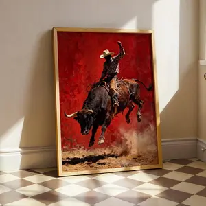 Bold Red Rodeo Bull Riding Framed Art Print, a Perfect Rustic Statement Piece for a Living Room, Office, or Entryway Wall to add Classic Western Charm