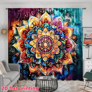 2D Flat 2Pcs Bohemian Mandala Curtains, Colorful Gradient Floral Printed Window Drapes, Semi Sunshade Pole Pocket Style, for Living Room Bedroom Balcony Kitchen Study Decoration, Accessory, Anti Privacy.