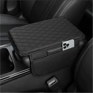 Car Armrest Cover with Storage Pockets – Microfiber Leather Center Console Armrest Cushion with 2 Storage Bags, Universal Car Interior Accessory (Black)
