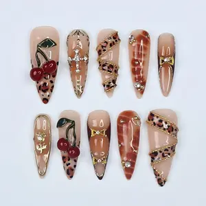 Leopard Luxe Almond PressOn Nail with Gold Details and 3D Cherry Gel, Handmade Statement Nail for a Fierce & Glamorous Look or Gift for Her