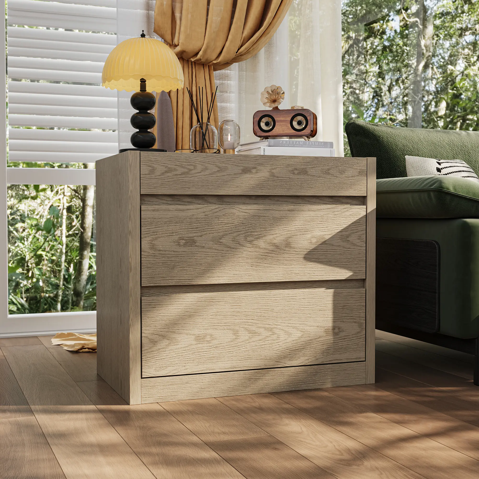 FUFU&GAGA Modern 2-Drawer Wood Nightstand - Casual, Sturdy Indoor Cabinet with Wireless Charging Station, USB Ports, Swipe Card/Remote Phone Unlock, 23.6" Tall Light Brown Modern Furniture for Bedroom