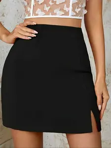 Elegant Women's Spring Summer Knit Bodycon Mini Skirt, Split Thigh Design, Slim Fit Commuter Style, Perfect for Office & Casual Wear